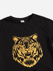 SHEIN 男孩老虎印花T恤和字母圖案短褲