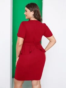 SHEIN Privé Plus Puff Sleeve Peplum Split Hem Belted Dress - Burgundy - View 2