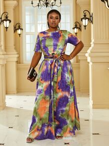 Plus Tie Dye Crisscross Tie Front Tee & Skirt - Multicolor - View 1