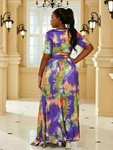 Plus Tie Dye Crisscross Tie Front Tee & Skirt - Multicolor - View 2