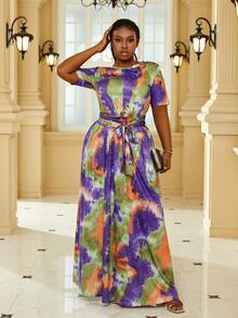 Plus Tie Dye Crisscross Tie Front Tee & Skirt - Multicolor - View 3