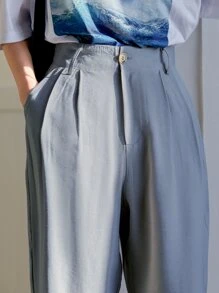 DAZY 高腰摺褶細節直筒西裝褲 - 霧霾藍 - 查看 5