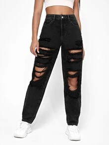 Jeans desgarro de talle alto - Negro - Ver 3