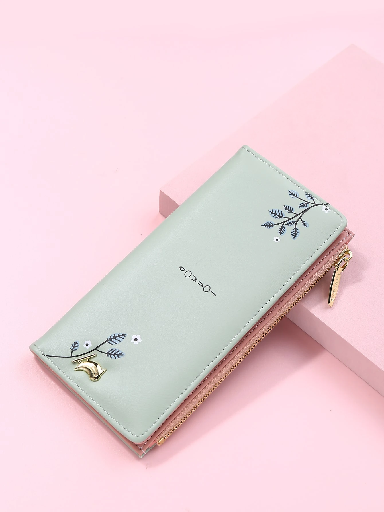 花柄 文字グラフィック 金属 鳥 デコレーション 長財布