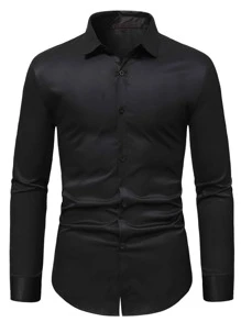 Calvornis Hombres Camisa con botón delantero unicolor - Negro - Ver 3