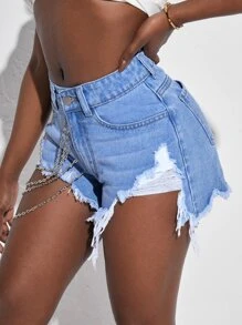 SHEIN SXY 毛邊緣鏈條細節牛仔短褲 - 淺色水洗藍 - 查看 4