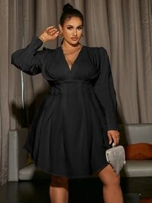 Glamaker Plus Bishop Sleeve Fold Pleated Detail Dress