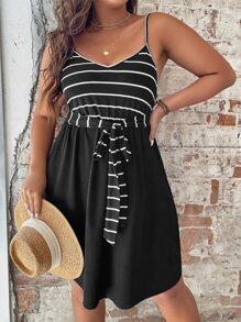 SHEIN LUNE Plus Striped Knot Front Cami Dress - Black - View 1
