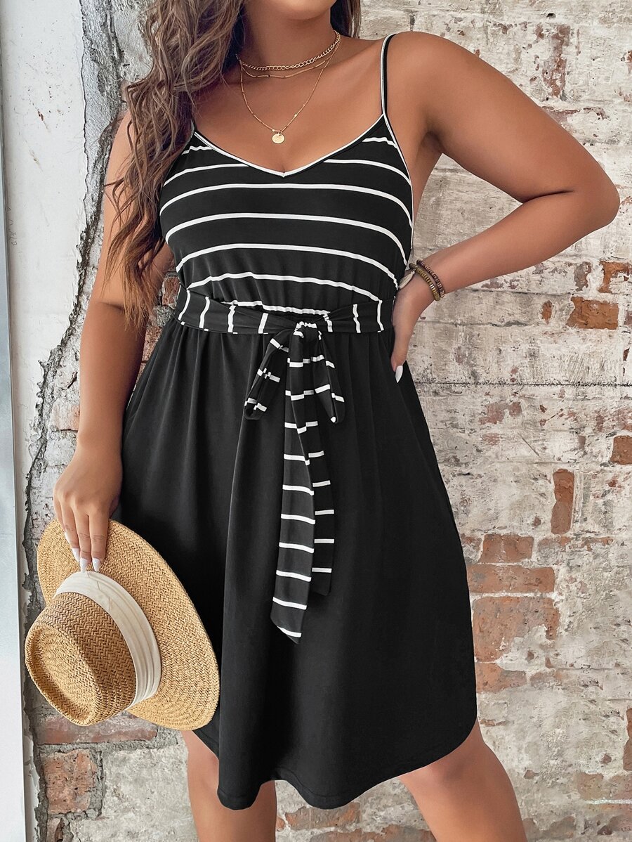 SHEIN LUNE Plus Striped Knot Front Cami Dress - Black - View 1