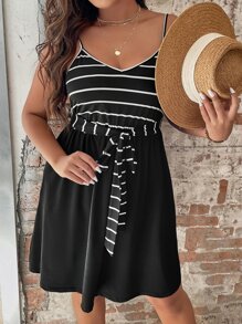 SHEIN LUNE Plus Striped Knot Front Cami Dress - Black - View 7