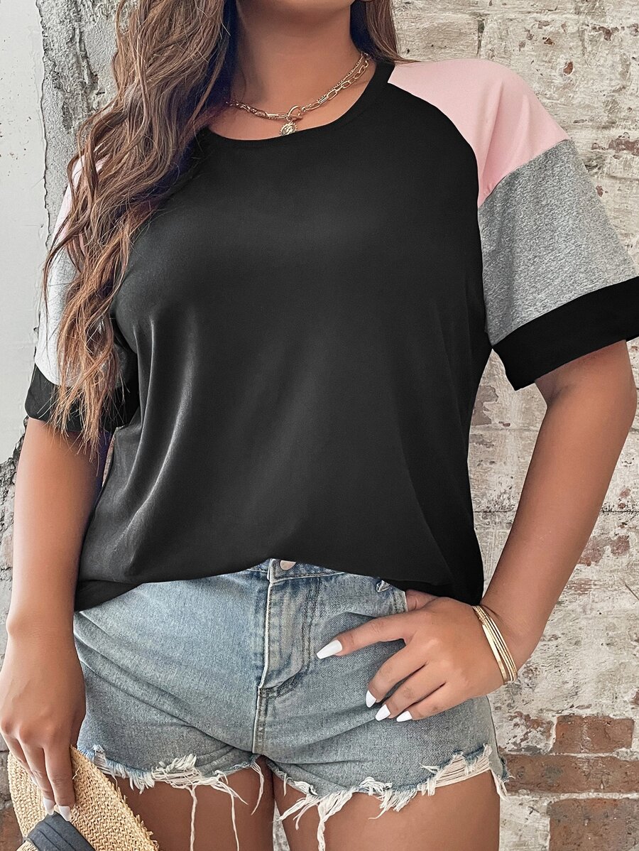 SHEIN LUNE Camiseta en contraste de manga raglán - Negro - Ver 1