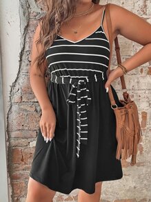 SHEIN LUNE Plus Striped Knot Front Cami Dress - Black - View 8