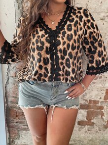 SHEIN LUNE Plus Leopard Print Guipure Lace Panel Blouse - Multicolor - View 3