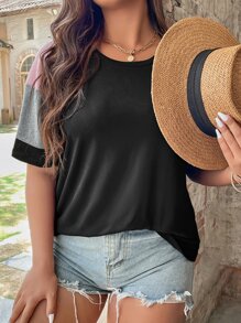 SHEIN LUNE Camiseta en contraste de manga raglán - Negro - Ver 3