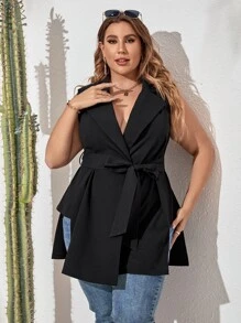 Mulvari Plus M-slit Hem Belted Vest Blazer - Black - View 5