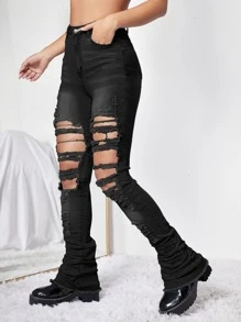 SHEIN ICON Ripped & Raw Hem Jeans - Black - View 4