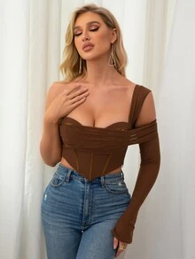 PARTHEA One Shoulder Hanky Hem Mesh Corset Top - Coffee Brown - View 4