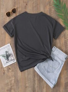 SHEIN VCAY Sunflower And Butterfly Print Tee - Dark Grey - View 2