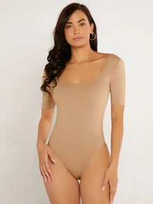 SHEIN BASICS Scoop Neck Low Back Tee Bodysuit - Apricot - View 3