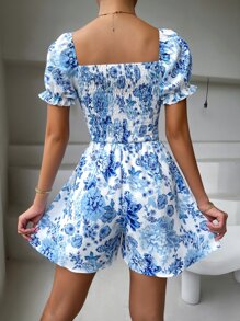 Floral Print Shirred Puff Sleeve Romper - Blue and White - View 3