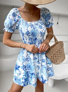 Floral Print Shirred Puff Sleeve Romper - Blue and White - View 4