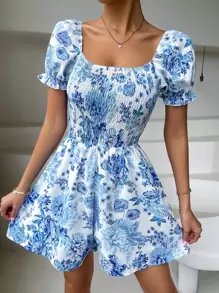 Floral Print Shirred Puff Sleeve Romper - Blue and White - View 1