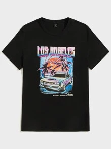 Manfinity VCAY Hombres Camiseta con estampado tropical con letra - Negro - Ver 1