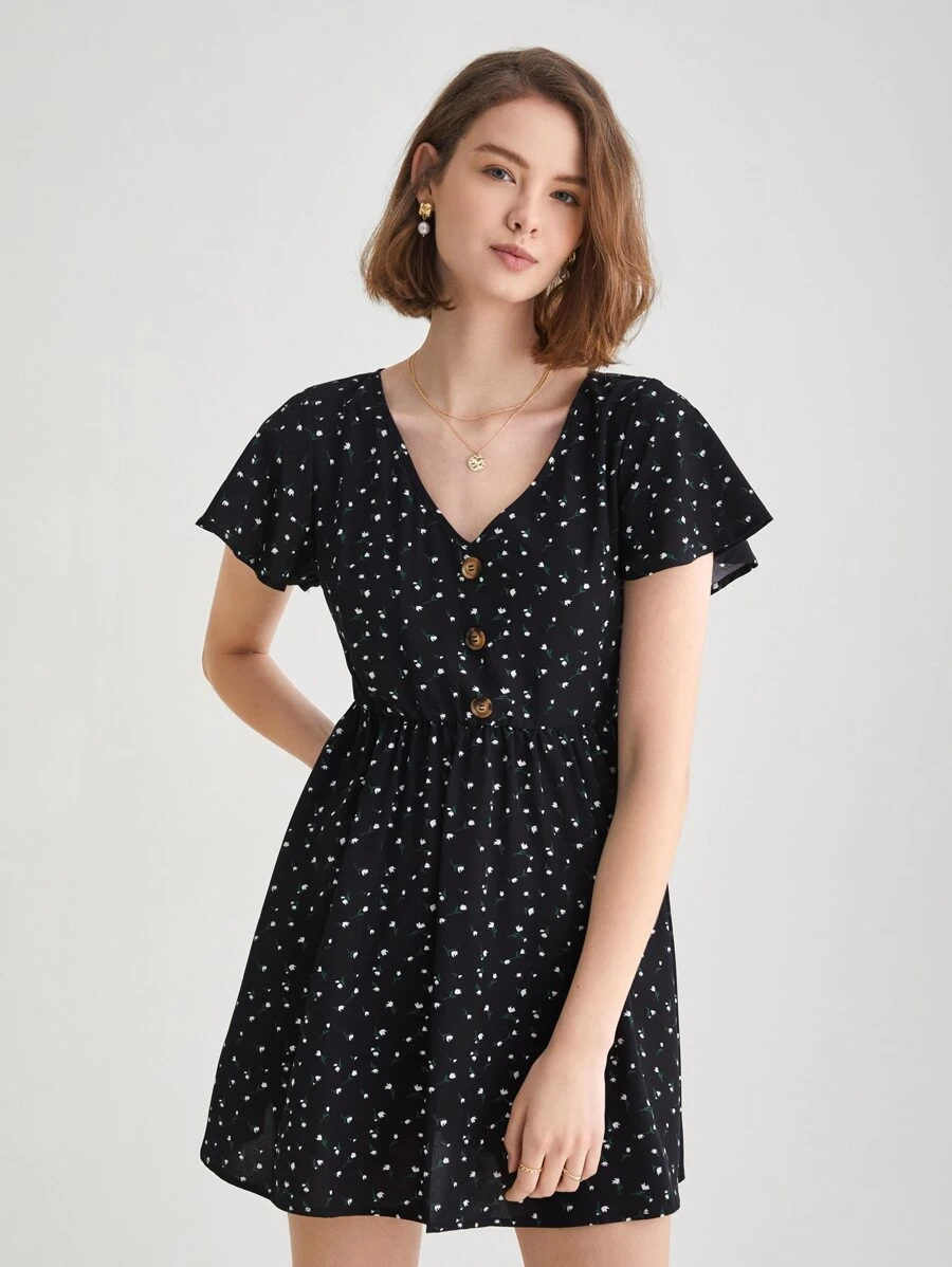 SHEIN Frenchy Ditsy Floral Button Front Butterfly Sleeve Dress - Black - View 1