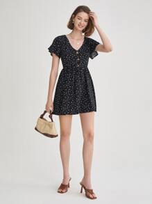 SHEIN Frenchy Ditsy Floral Button Front Butterfly Sleeve Dress - Black - View 3