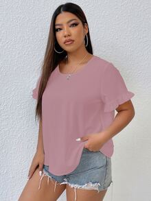 Plus Solid Flounce Sleeve Blouse - Dusty Pink - View 5