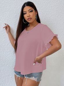 Plus Solid Flounce Sleeve Blouse - Dusty Pink - View 7