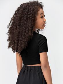 SHEIN Camiseta elegante de manga corta con cuello redondo y unicolor para niña preadolescente - Negro - Ver 2