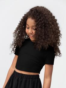 SHEIN Camiseta elegante de manga corta con cuello redondo y unicolor para niña preadolescente - Negro - Ver 3