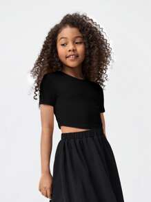 SHEIN Camiseta elegante de manga corta con cuello redondo y unicolor para niña preadolescente - Negro - Ver 6