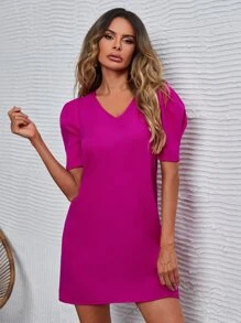 Puff Sleeve Tunic Dress - Red Violet - View 1