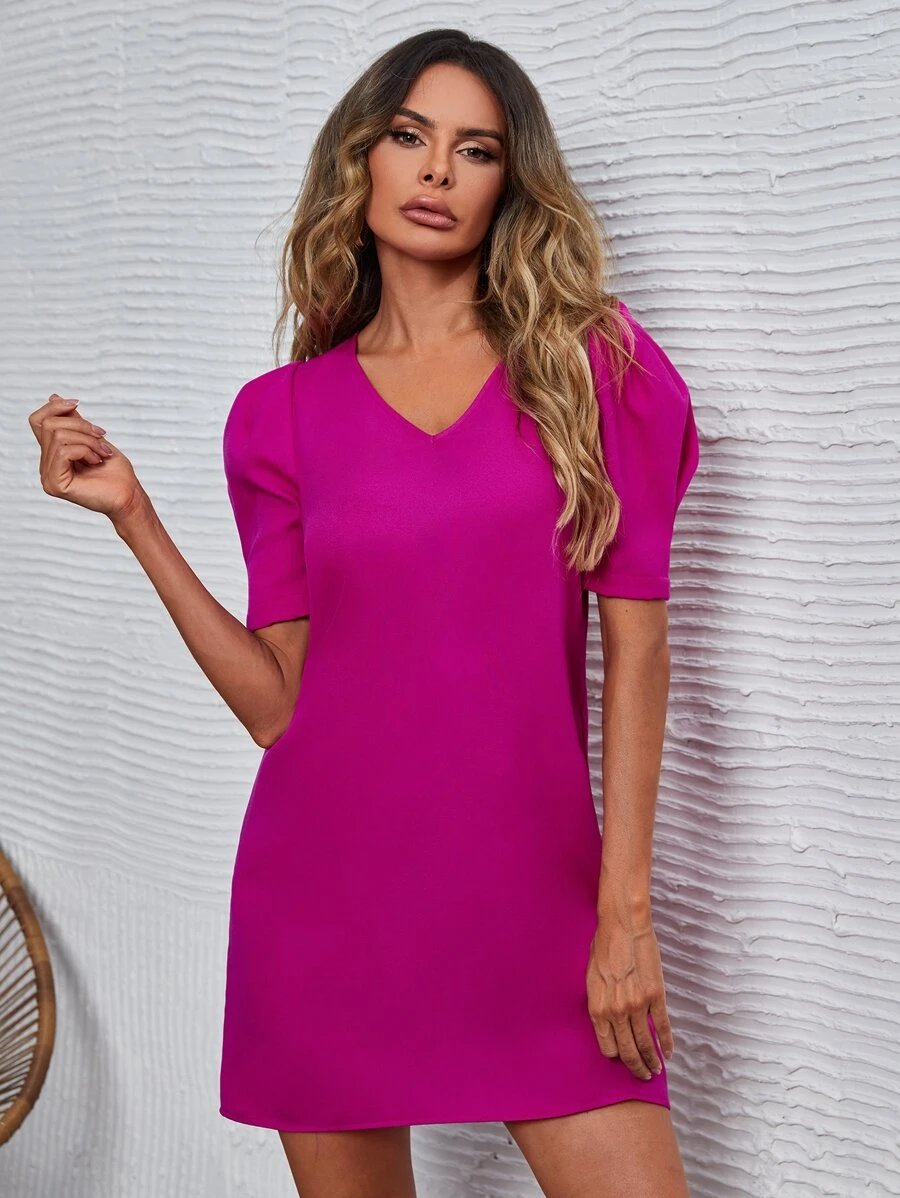 Puff Sleeve Tunic Dress - Red Violet - View 1