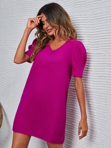 Puff Sleeve Tunic Dress - Red Violet - View 3