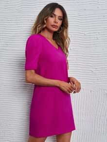 Puff Sleeve Tunic Dress - Red Violet - View 4