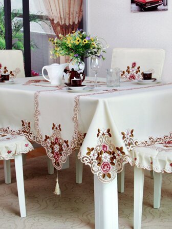 1pc Embroidered Flower Tablecloth, Beige Polyester Fabric, Countryside Style, Multicolor Embroidery, Hollow Out Lace Edges, Suitable For Daily Use, Weddings, Home Dining Tables, Coffee Tables, Etc.