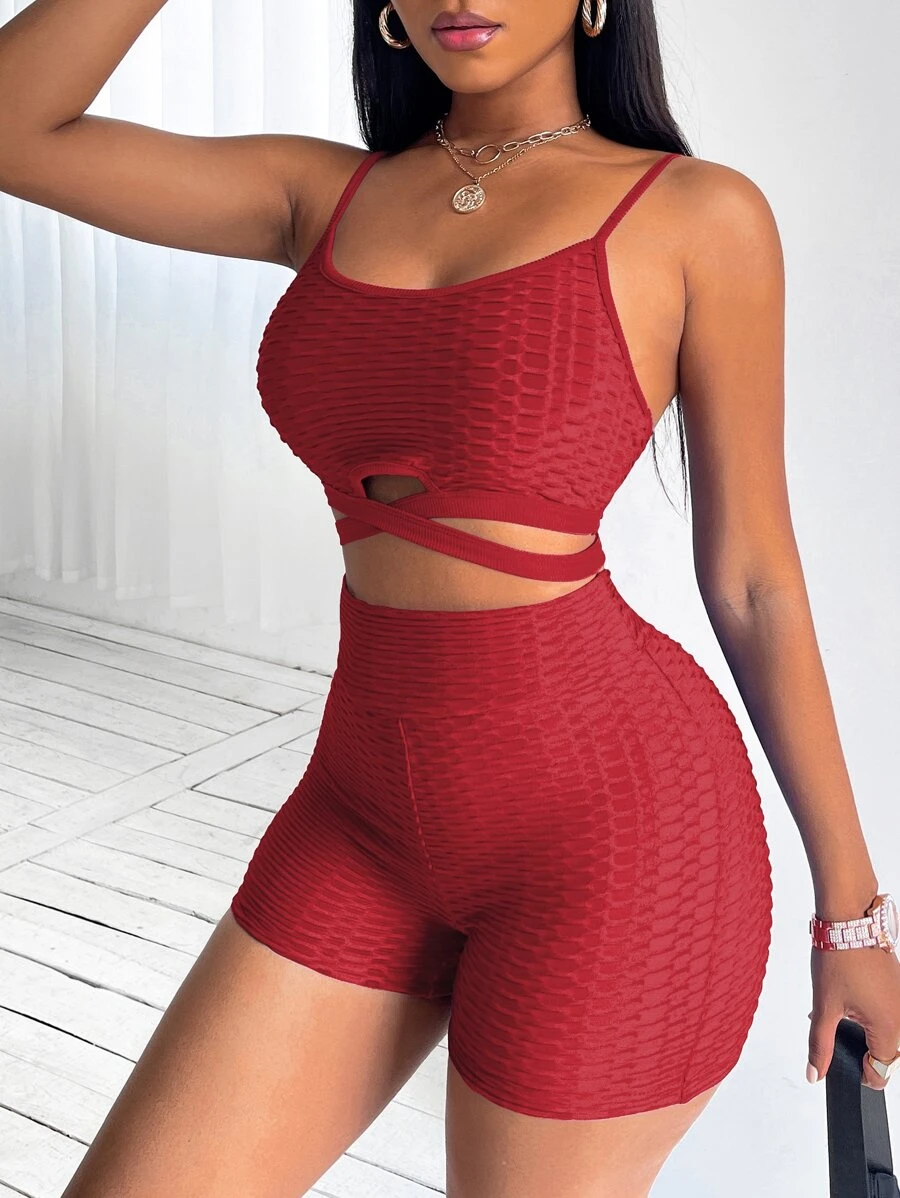 Criss-cross Textured Cami Top & Biker Shorts - Red - View 1