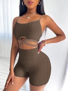 SHEIN Unity Criss-cross Textured Cami Top & Cycling Shorts - Mocha Brown - View 5