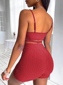 Criss-cross Textured Cami Top & Biker Shorts - Red - View 2
