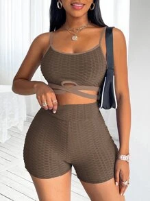 SHEIN Unity Criss-cross Textured Cami Top & Cycling Shorts - Mocha Brown - View 4