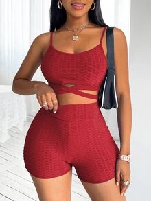Criss-cross Textured Cami Top & Biker Shorts - Red - View 4