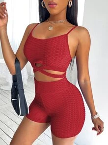 Criss-cross Textured Cami Top & Biker Shorts - Red - View 5