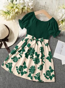 SHEIN Girls Floral Puff Sleeve Shirred Belted Flare Dress - Multicolor - View 1