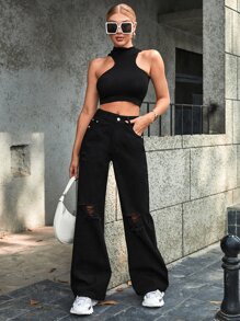 SHEIN Frenchy High Waist Ripped Wide Leg Jeans Winter Black Casual Black - Black - View 5