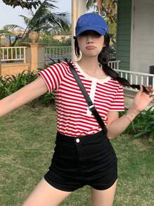 Kaos Henley Garis Kontras - Red and White - View 1
