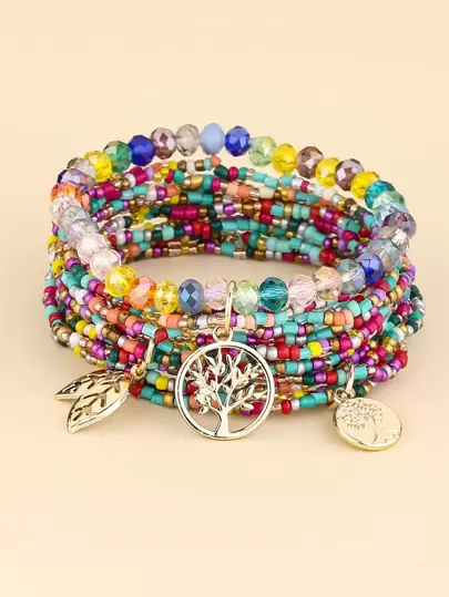 3pcs Leaf Charm Beaded Bracelet
