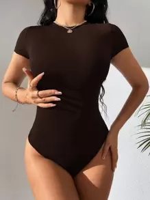 SHEIN Tall Solid Slim Fit Bodysuit - Chocolate Brown - View 1